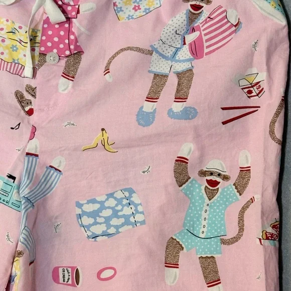 Nick & Nora Medium Pink Pajama Bottoms Sock Monkeys Pajama Party Lace Trim - Picture 3 of 9